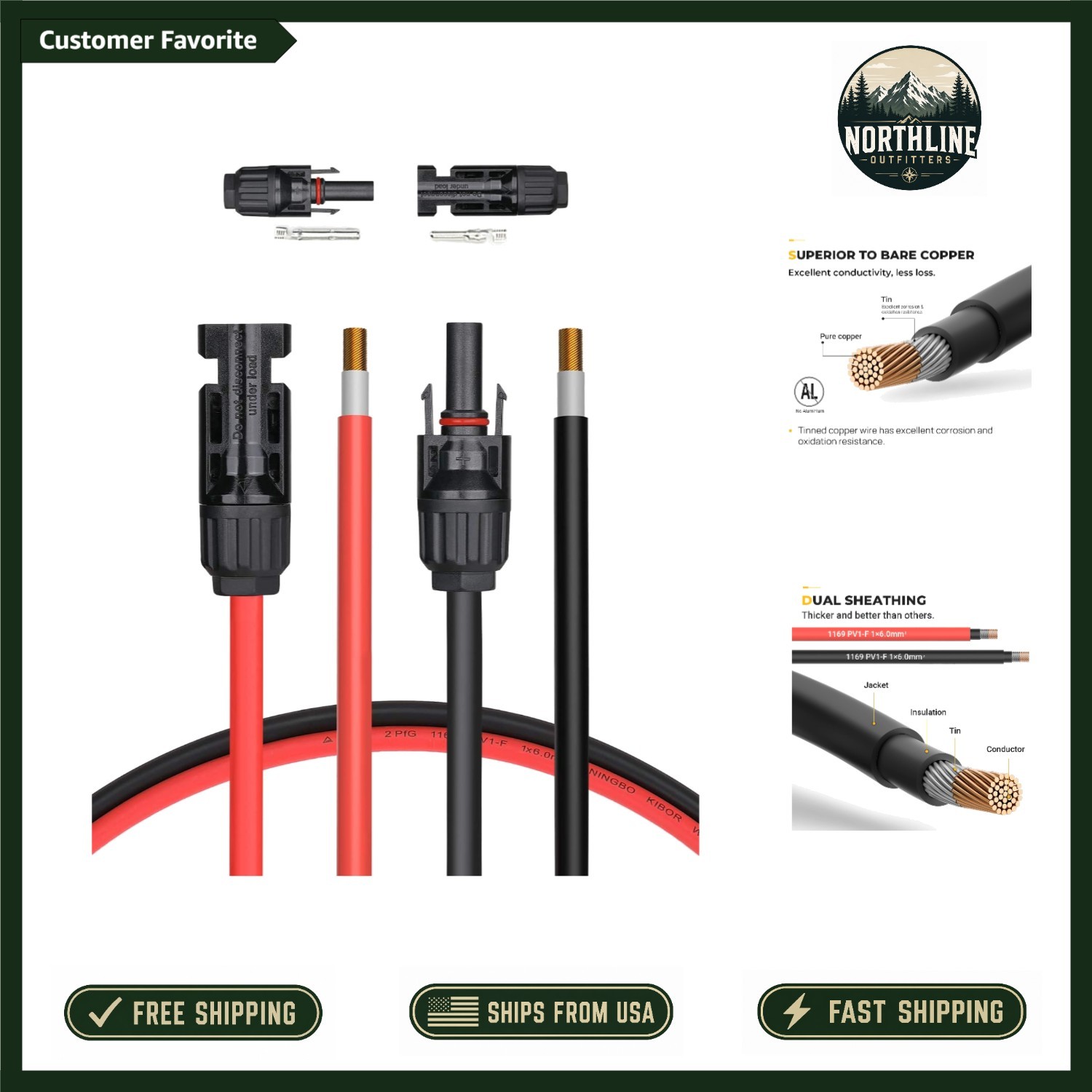 20 Feet 10AWG Water-Resistant Solar Cable with Extra Connectors – Certified