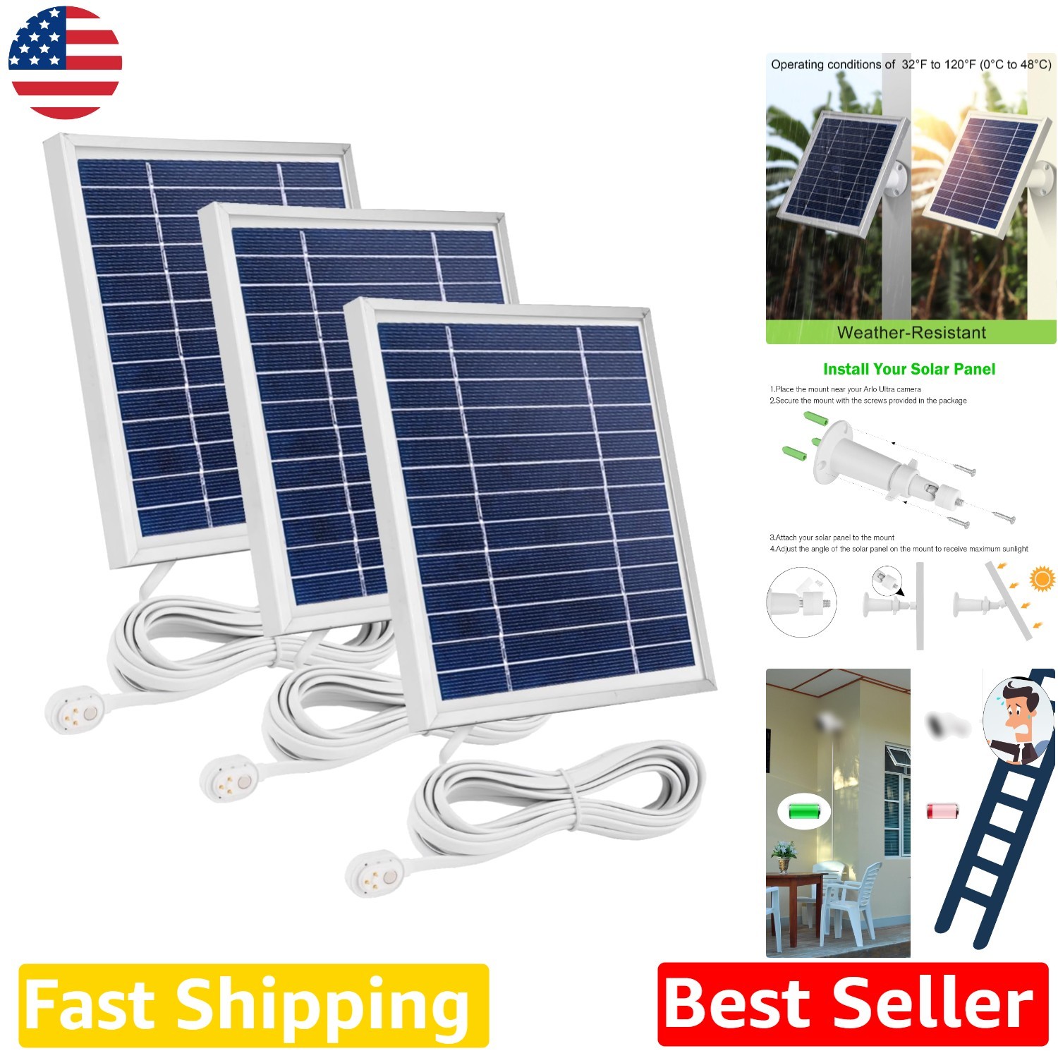 Arlo Pro 5S Solar Panel 3 Pack – 3.5W Ultra-Efficient, Magnetic Charging Cable