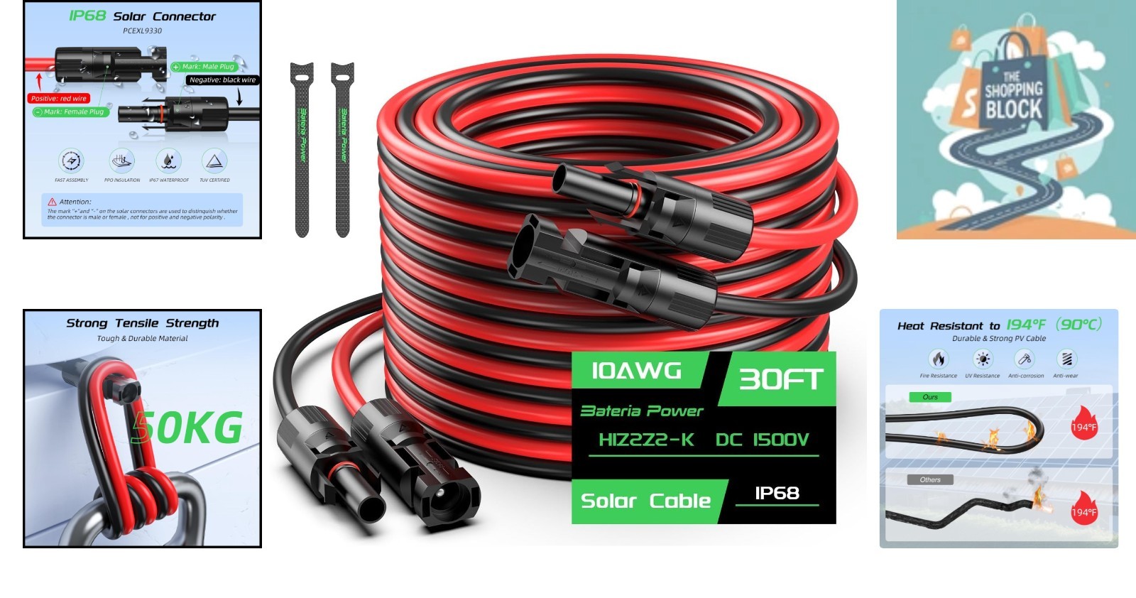 30FT 10AWG Solar Extension Cables Set with Waterproof Connectors – Black and Red