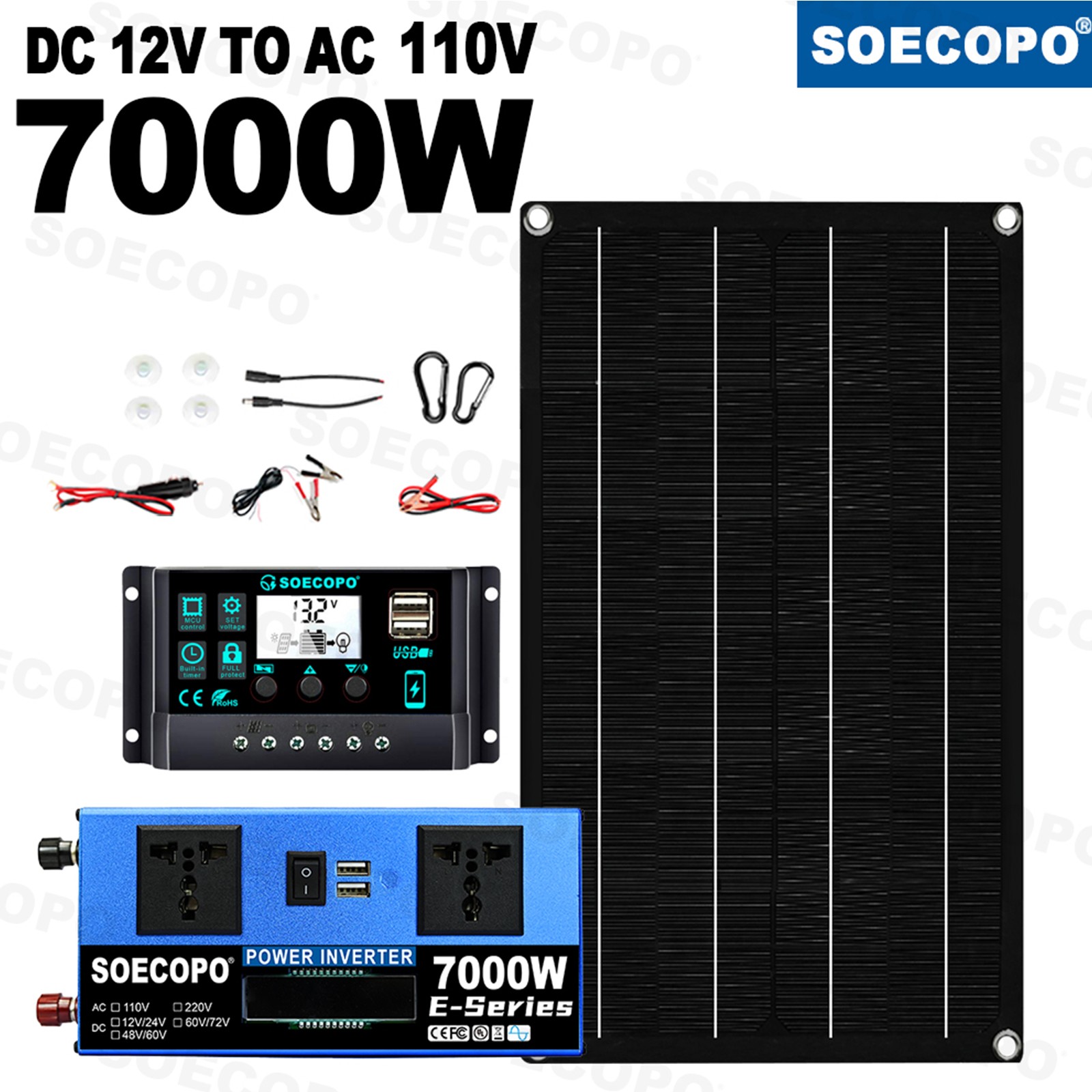 7000W Solar Power Supply 800W Panel 100A Controller 12V/24V DC to AC 110V/220V
