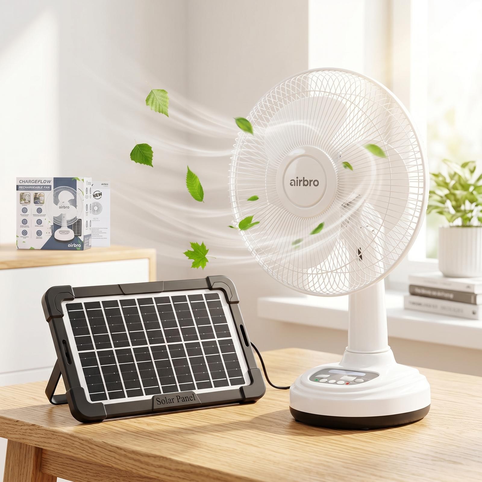 12″ Solar Powered Fan Rechargeable Fan with 2 LED Bulbs Portable Camping Fan US