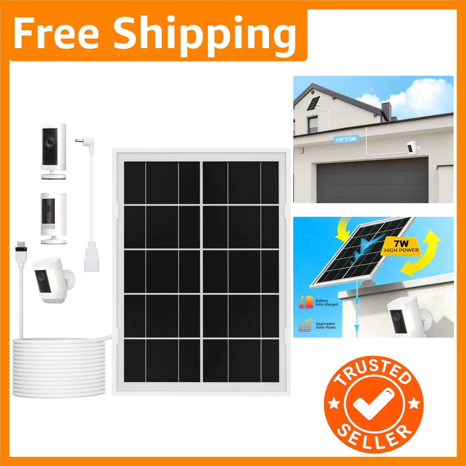 7W High-Efficiency Solar Panel for Ring Cameras with 10FT Waterproof Cable