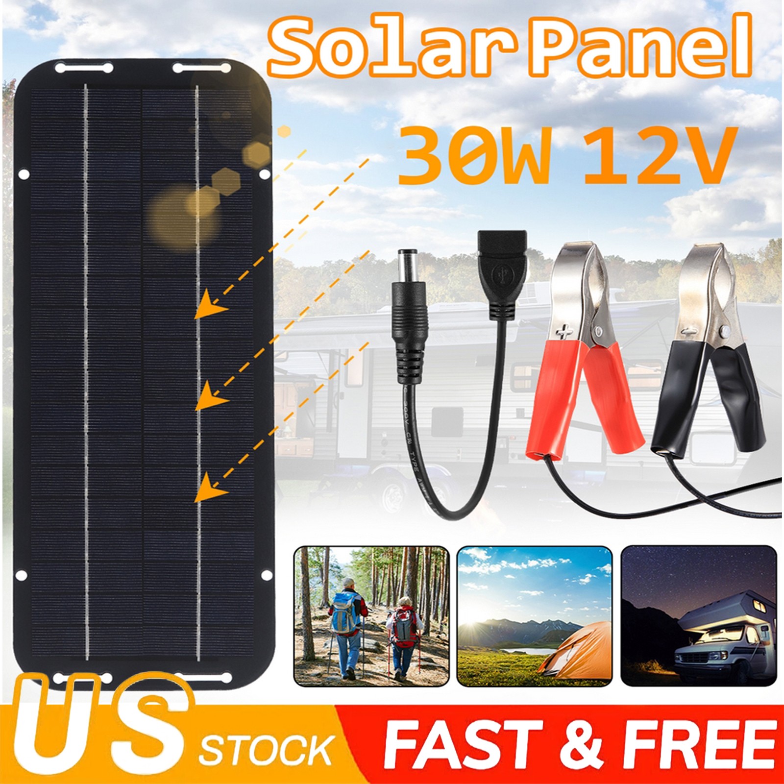 Solar Panel 12V Trickle Charger Battery Charger 30W Kit Maintainer Boat Car RV