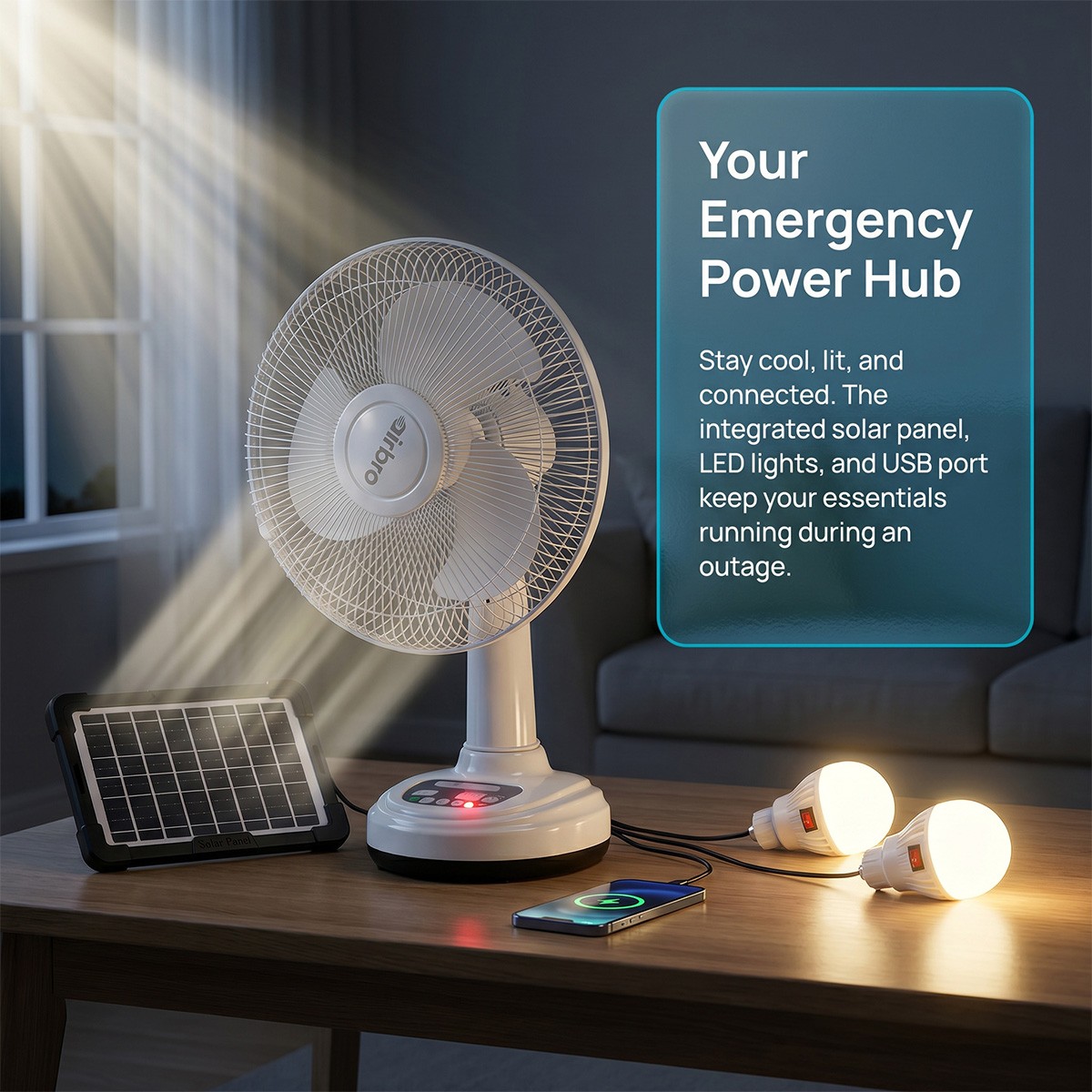 Portable Personal Desk Fan 2 Speed 12in Solar Rechargeable Fan w/ 2 Light Bulbs