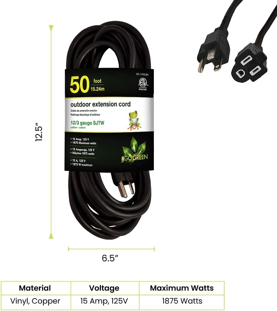 Go Green Power Inc. (GG-14050BK) 12/3 SJTW Outdoor Extension Cord, Black, 50 ft