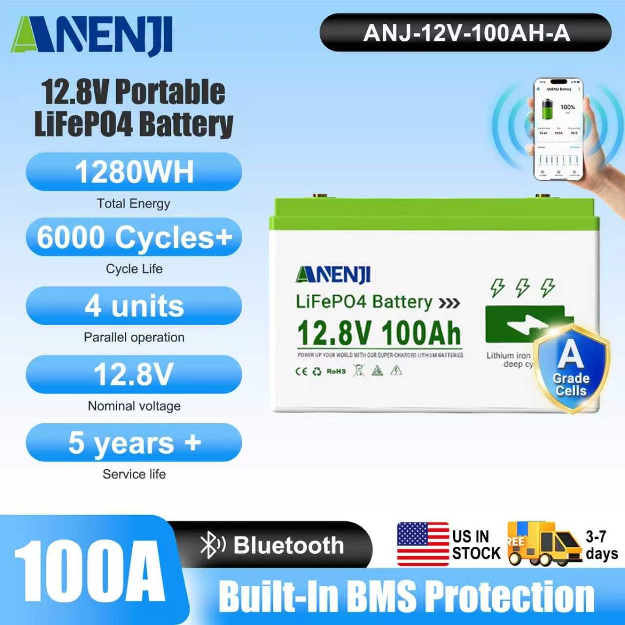 12V 100Ah LiFePO4 Lithium Battery Cycle Deep Built-in BMS for Solar RV Off-grid