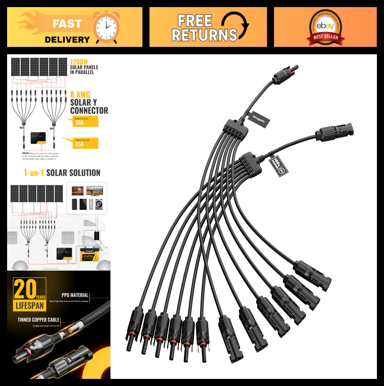 Extra Long Solar Y Connectors 1 to 6 Parallel, Durable Pair for Solar Panels