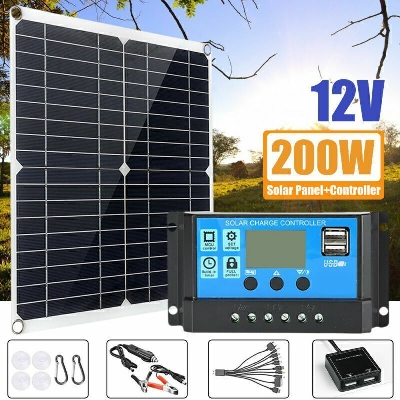 Full 200W Eco Solar Panel+6000W Power Generator Set 110V Home RV Off-Grid Set