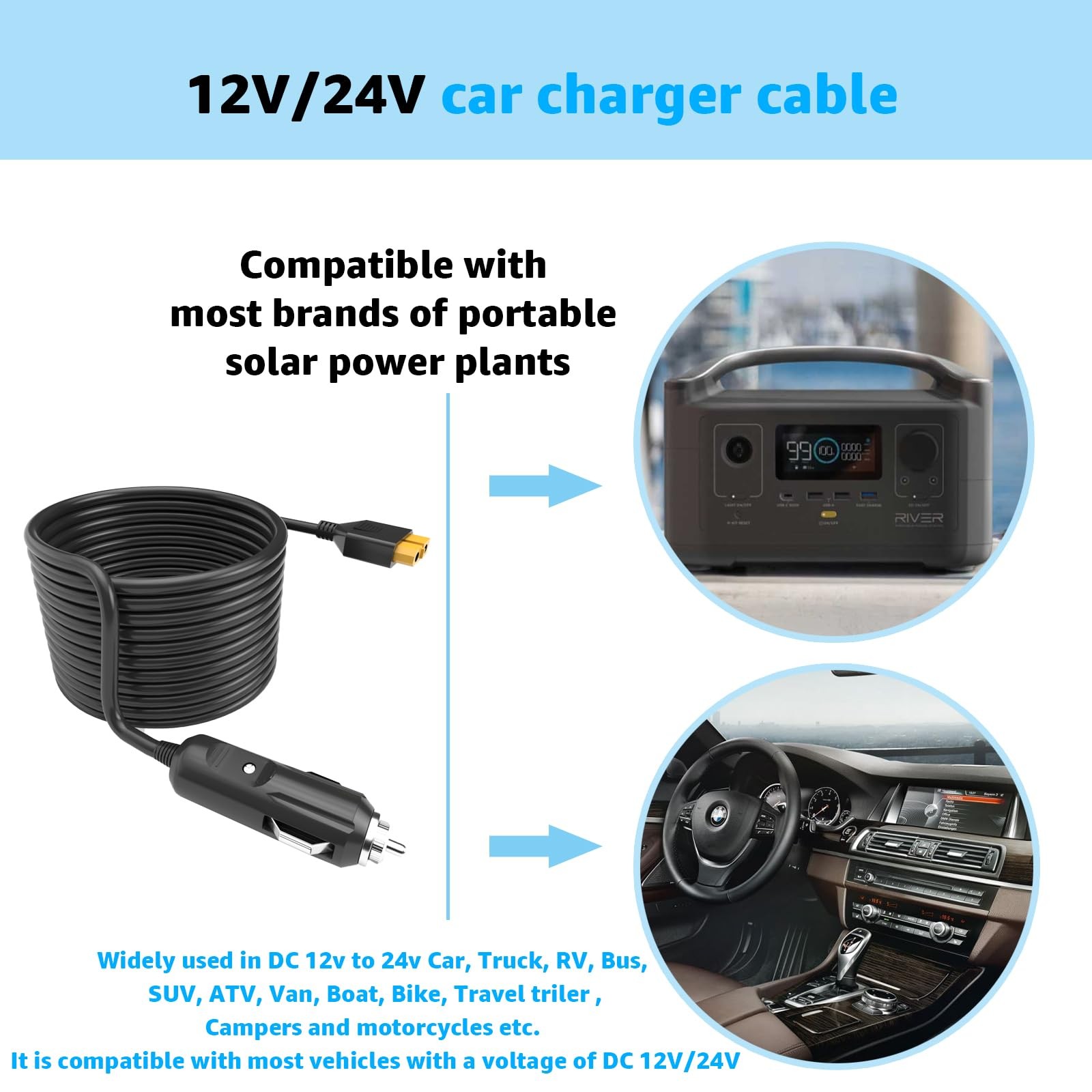 Xt60 Connector Portable Power Station Dc Adapter 6.6ft Extension Cabel 12v/24v C