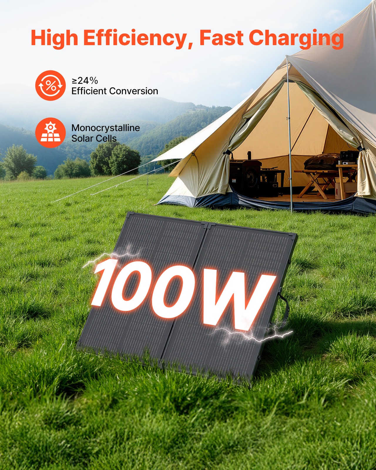 VEVOR 100W Foldable Solar Panel with 30A Controller Portable Mono Solar Panel