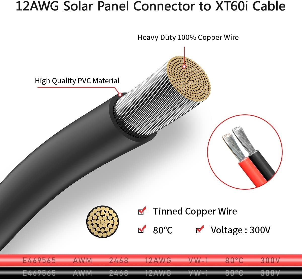12AWG 2FT Solar Connector to Adapter Cable for Portable Power Station