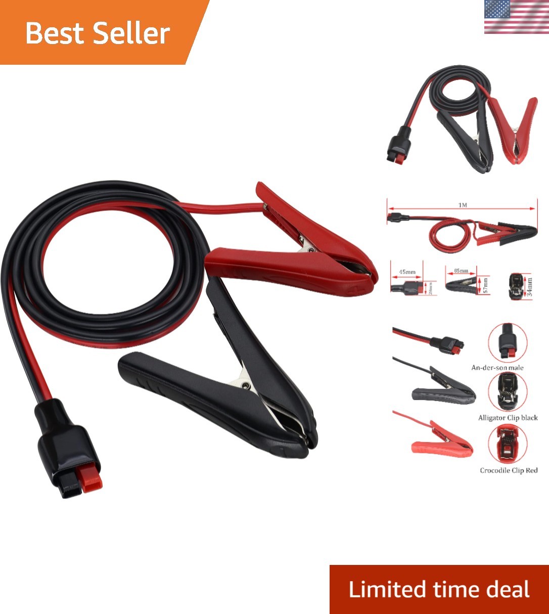 12AWG 45A Solar Connector Cable with Alligator Clips – 3.3ft Durable Power Link