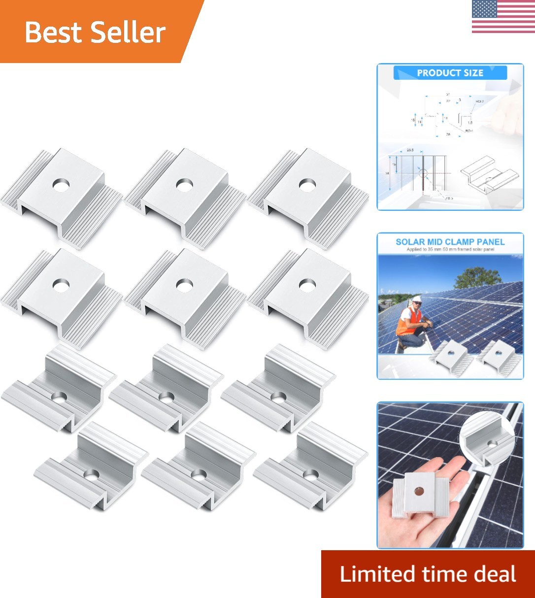 Powder-Coated 12-Pack Solar Panel Mid Clamps – Rust-Resistant Aluminum Brackets