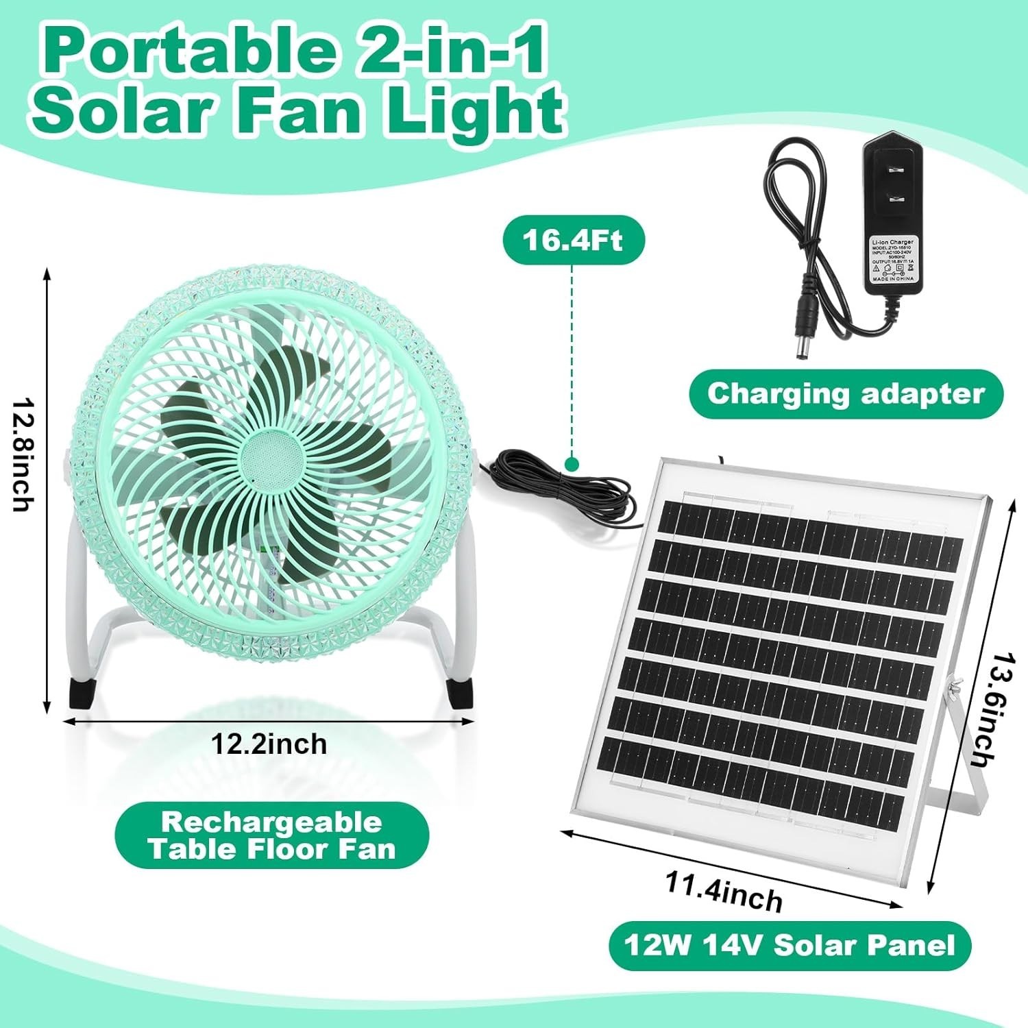 12” 10800mah Battery Operated Solar Fan Light with 12w Solar Panel, Charger,