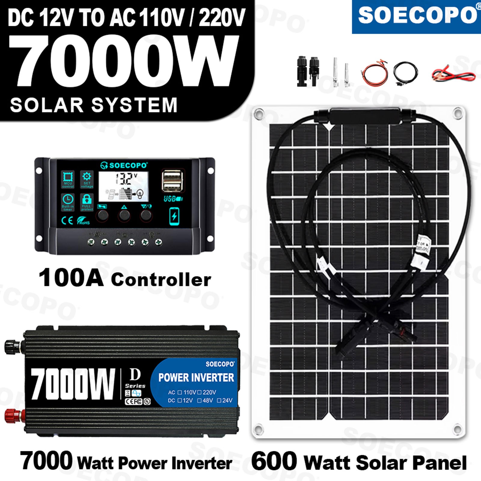 SOECOPO 7000W Peak Solar System Kit 12V To 110V 220V Inverter Generator