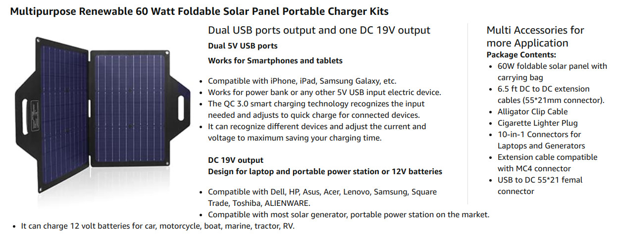 SOLAR PANEL Station Portable 60 Watt Foldable Highest Efficiency Cells FULL KIT