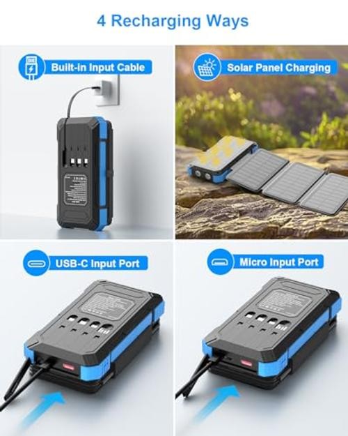 Solar Charger Power Bank 49800mAh with 4 Built-in Cables & 3 Foldable Panels,