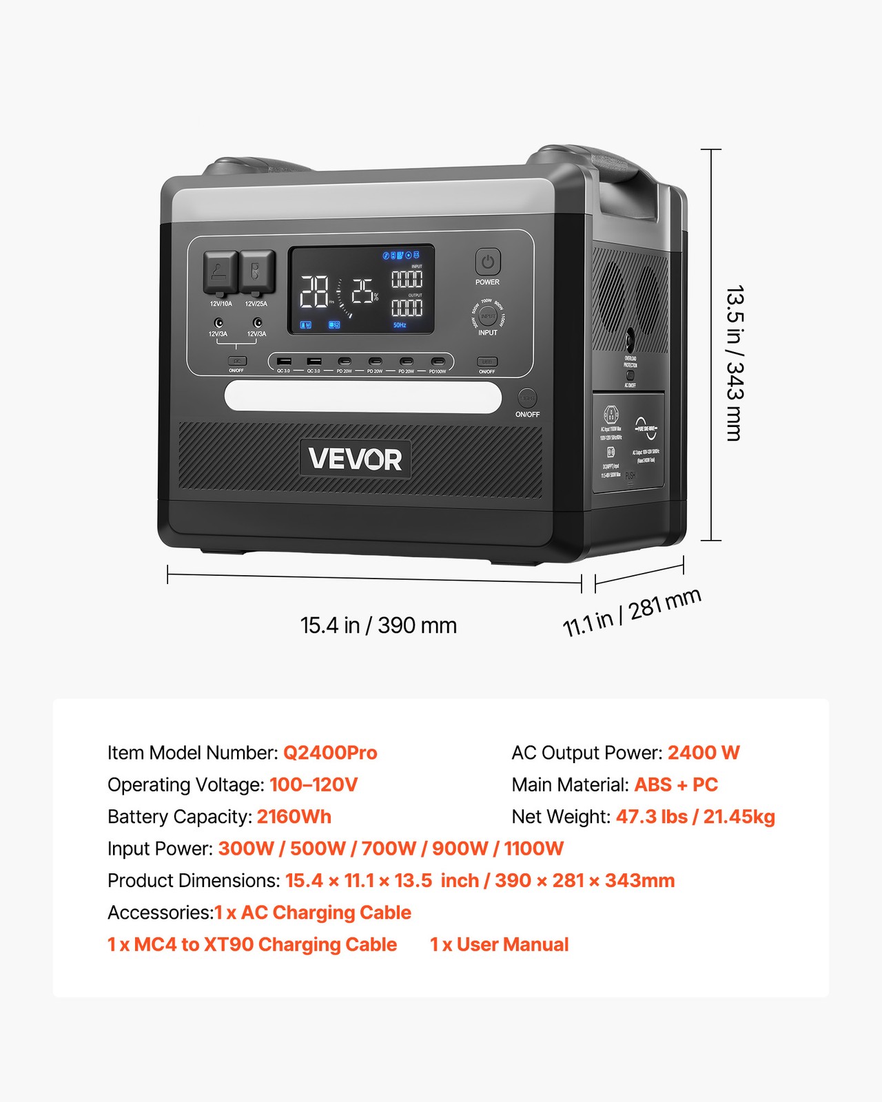 VEVOR Portable Power Station Solar Generator 2400W 2160Wh with 10 Output Ports