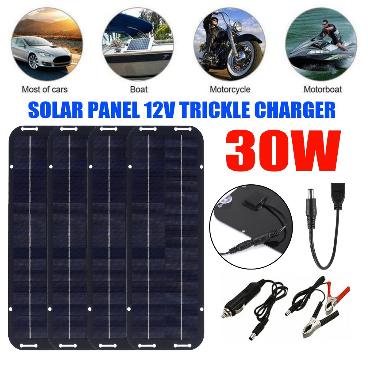 1-4x 30W Solar Panel Kit 12V Waterproof Portable Battery Charger for Boat Car RV
