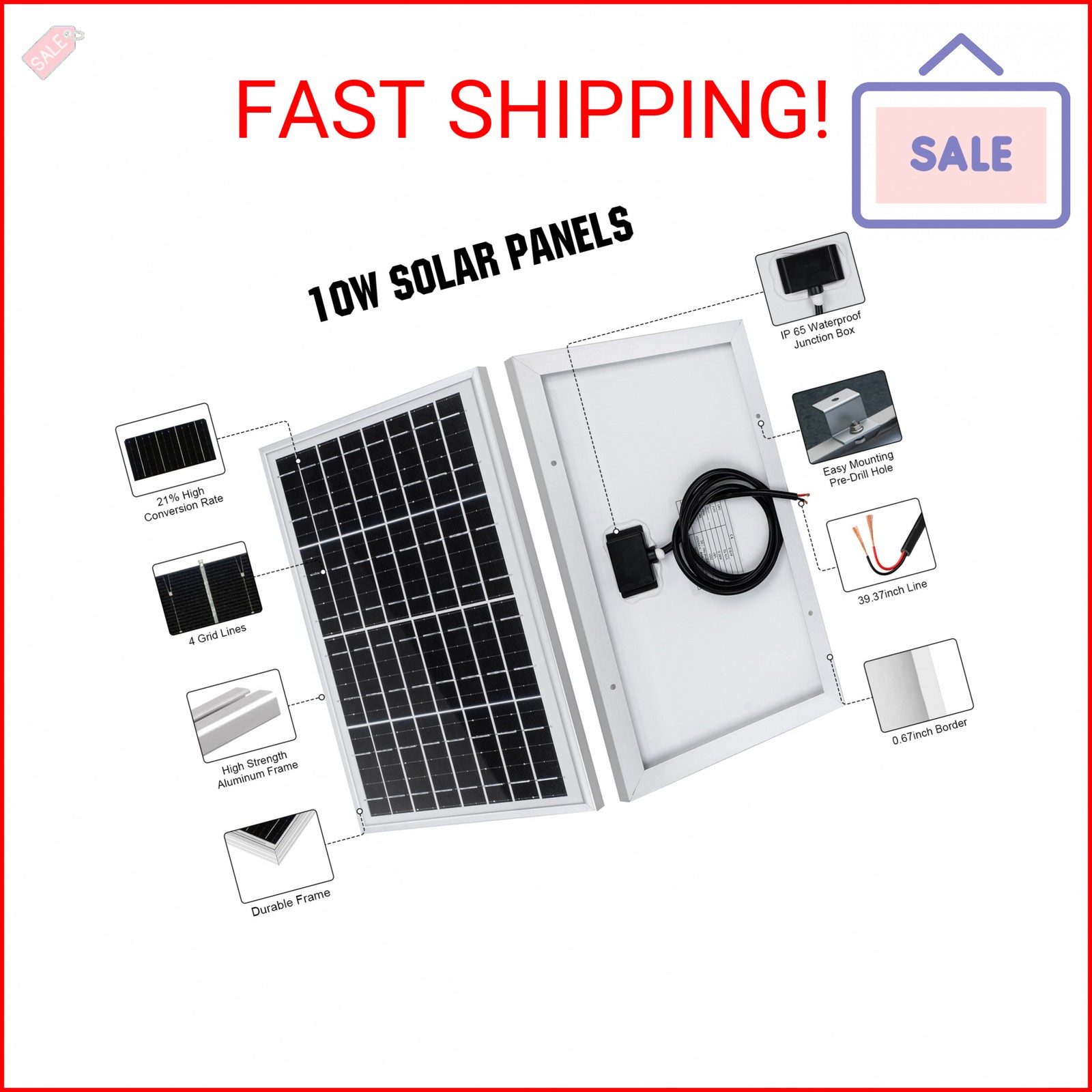 ECO-WORTHY 10W Solar Panel Battery Charger Portable for Charging 12V Battery or