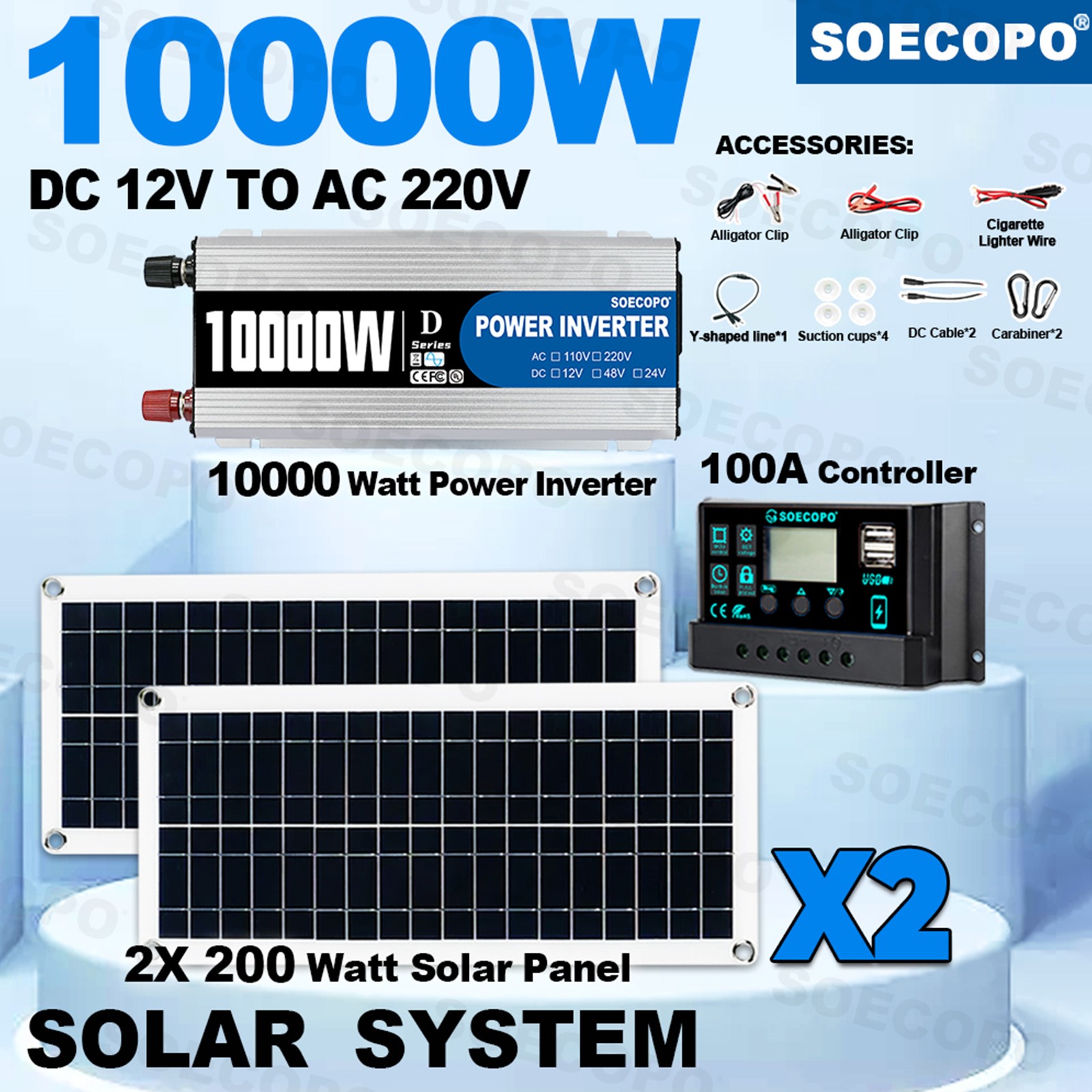 10000W Inverter (12V-110V/220V) + 2pcs Solar Panels + Charge Controller 100AAp