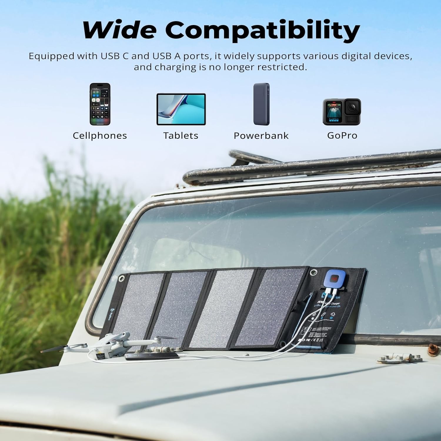 Portable Solar Charger 28W with Digital Ammeter,25.4% High-Efficiency, USB-A/USB
