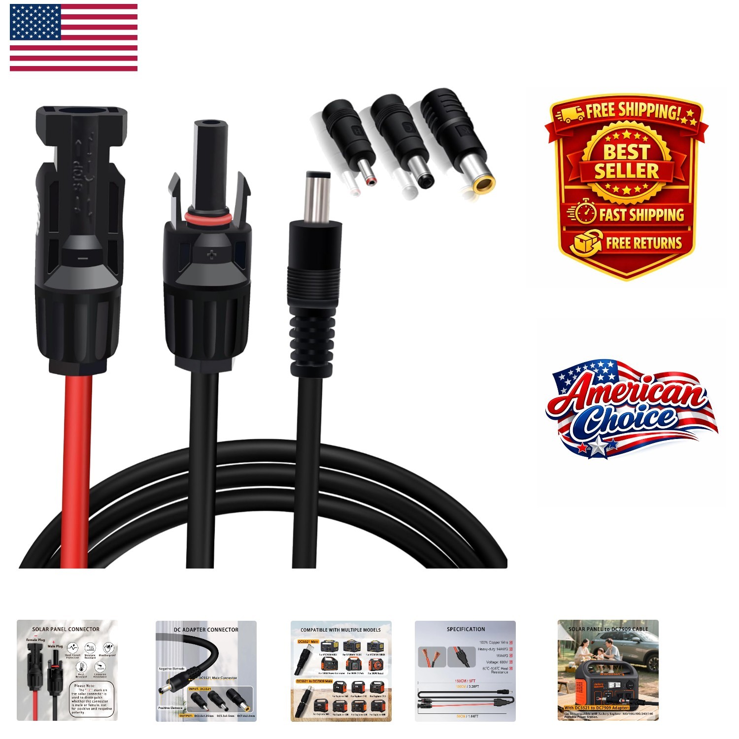 Versatile 5FT Solar Panel Extension Cable with Multiple Connectors for Jackery