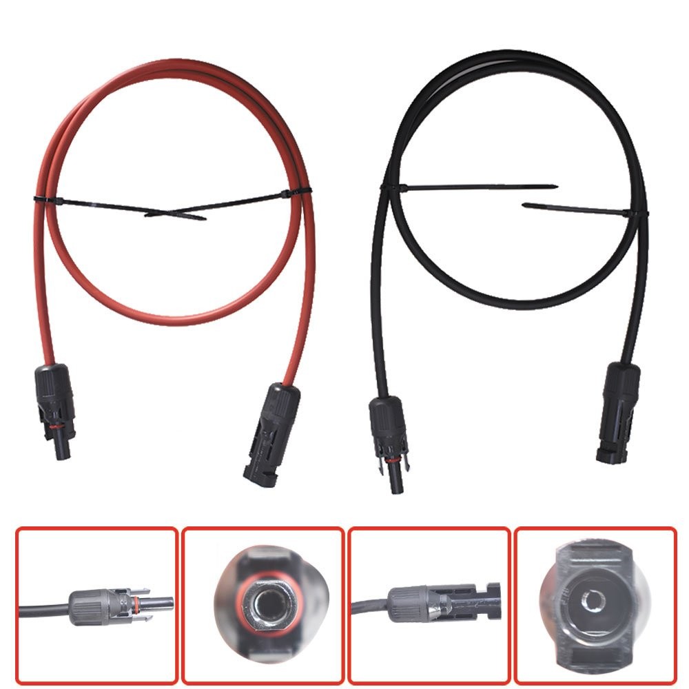 1 Pair 3 Feet Black + Red 10 AWG Solar Panel Extension Cable Wire Connector