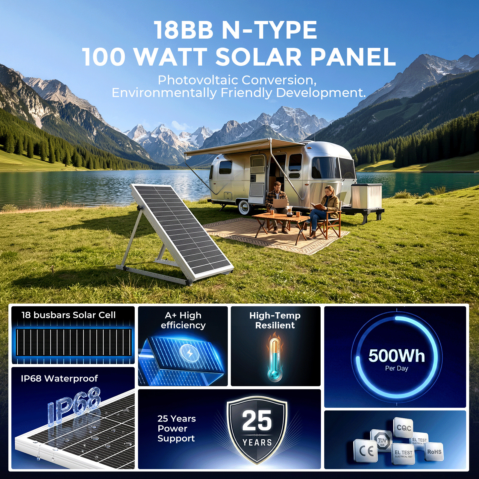 100W-1000W 18BB Mono Solar Panel Camping Home Off Grid Caravan High-Efficiency