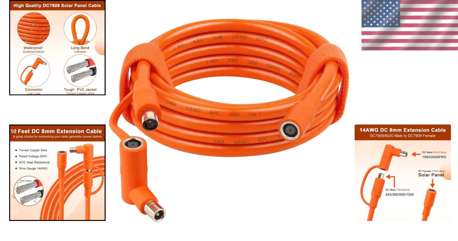 Durable 10FT Orange Extension Cable for Solar Panels and Portable Power Stations