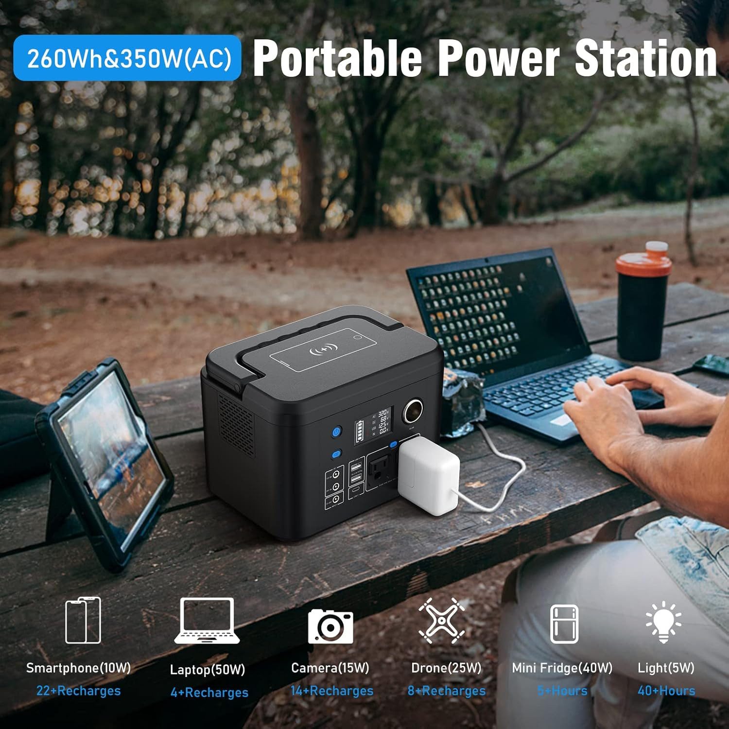 Portable Power Station 350W, 260Wh/70,000Mah Backup Lithium Battery, 110V Pure S