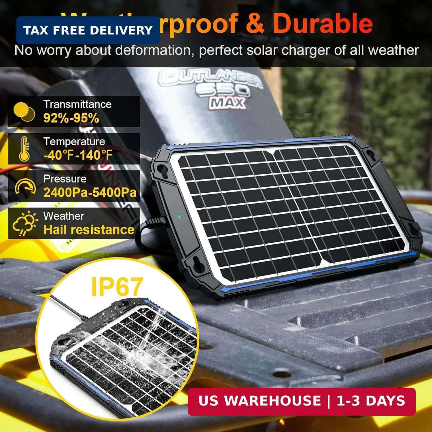 SUNER POWER Waterproof 12W 12V Solar Battery Charger & Maintainer Pro, Built-in