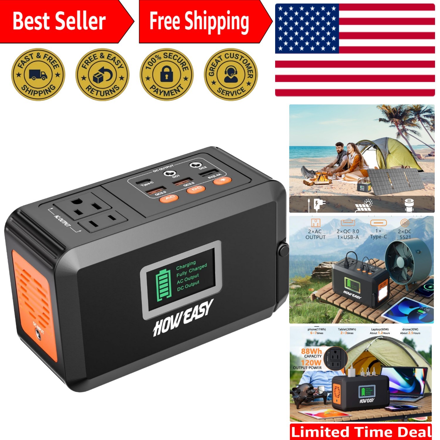 Versatile Solar-Powered Power Station – 120W for Outdoor Adventure & Emergencies