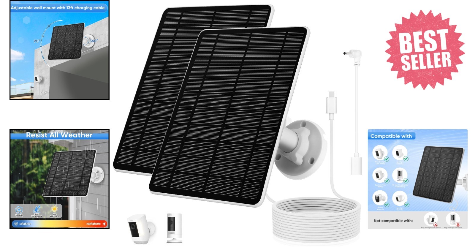 Solar Panel for Ring Camera(2Nd Generation), 2 Pack 5W Solar Panel with 10FT/3M