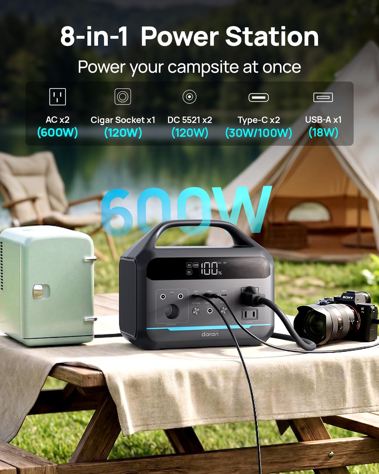DARAN Portable Power Station 600W(1200W Surge) 288Wh Solar Generator LiFePO4