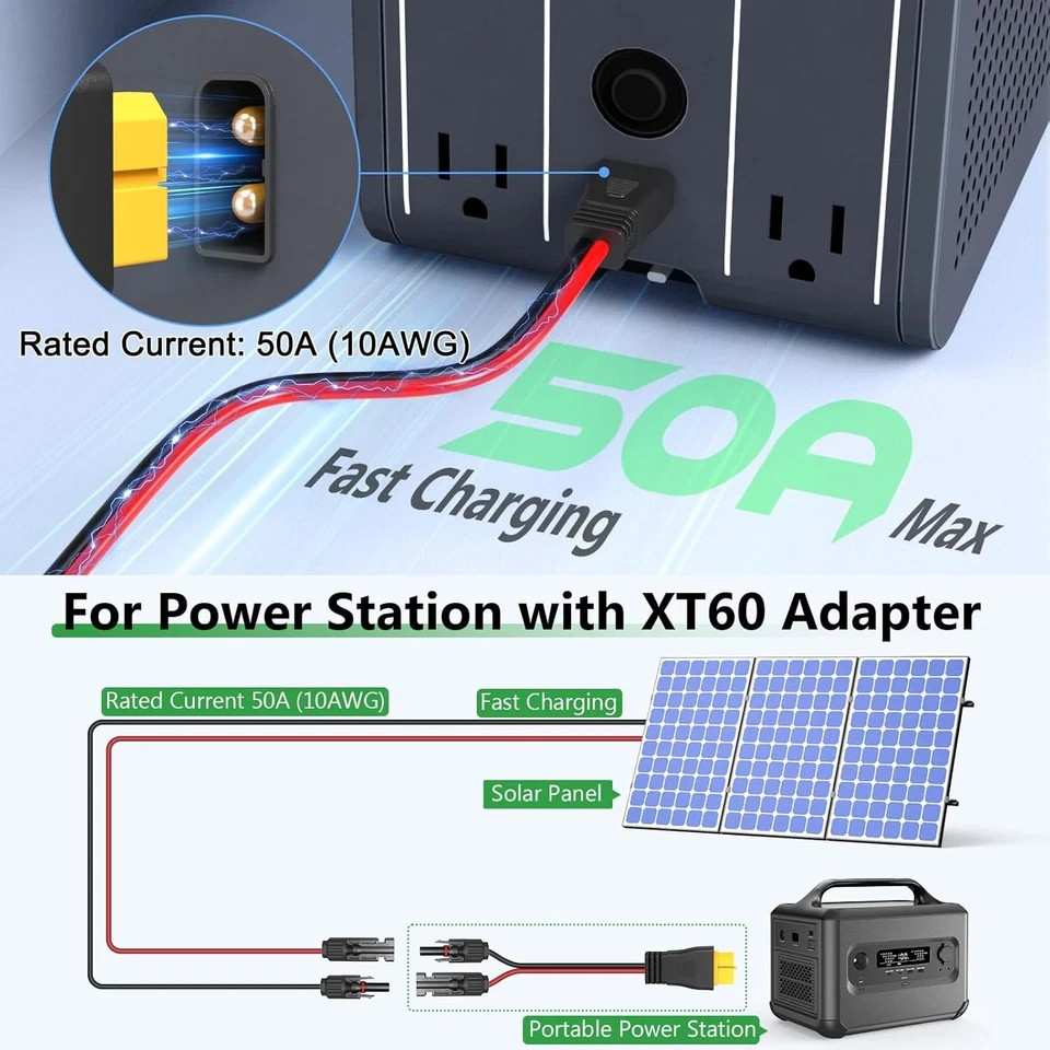 10AWG XT60 Solar Cable- Solar to XT60 Cable 3 10 15 20 25 40 50FT Extension Cabl