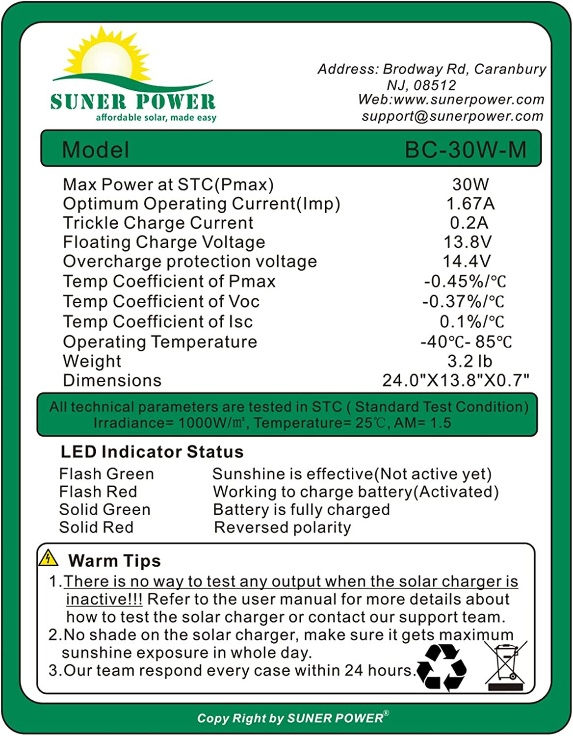 30W 12V Solar Battery Charger Maintainer, Built-In Smart MPPT Charge Controller,