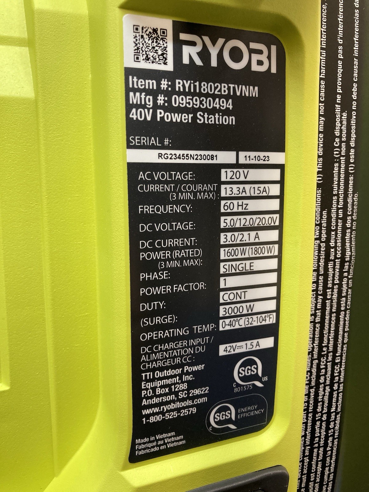 Ryobi 40V RYI1802BTVNM 3000W/1800W Power Station (Tool Only)