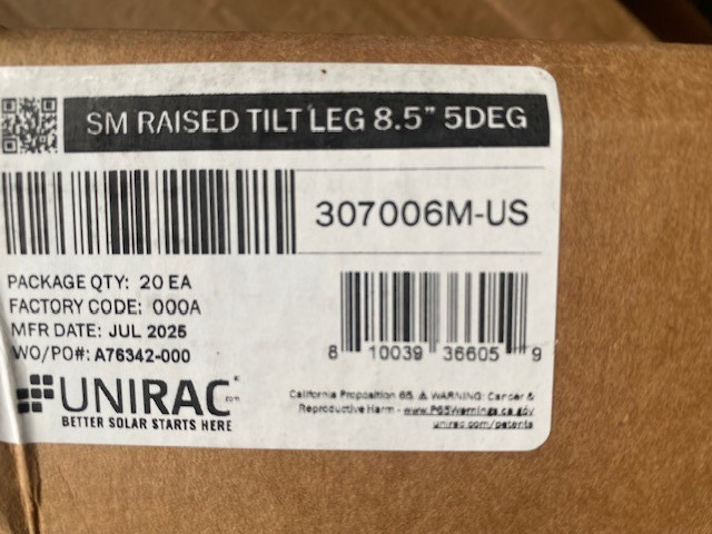(20 PACK) Unirac SolarMount 307006M-US 8.5″ Raised Tilt Leg 5 Degrees
