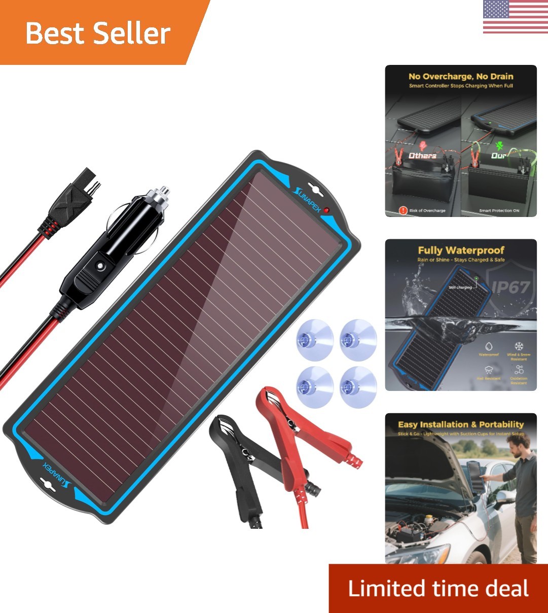 12V Waterproof Solar Battery Charger Kit – Portable Charger for Vehicles & Boats
