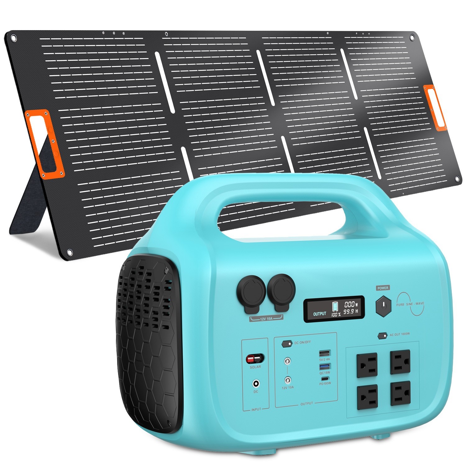 Portable Power Station 1075Wh 1000W Solar Generator with 100W Solar Panel