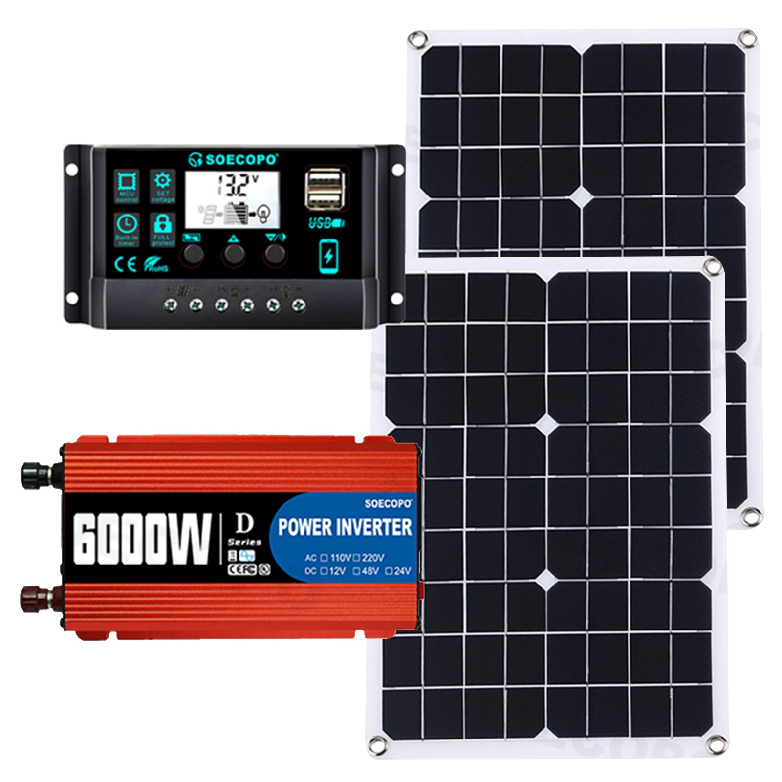 6000W Solar Kit: Inverter (12V to 110V/220V), 2pcs Solar Panels,Controller 100A