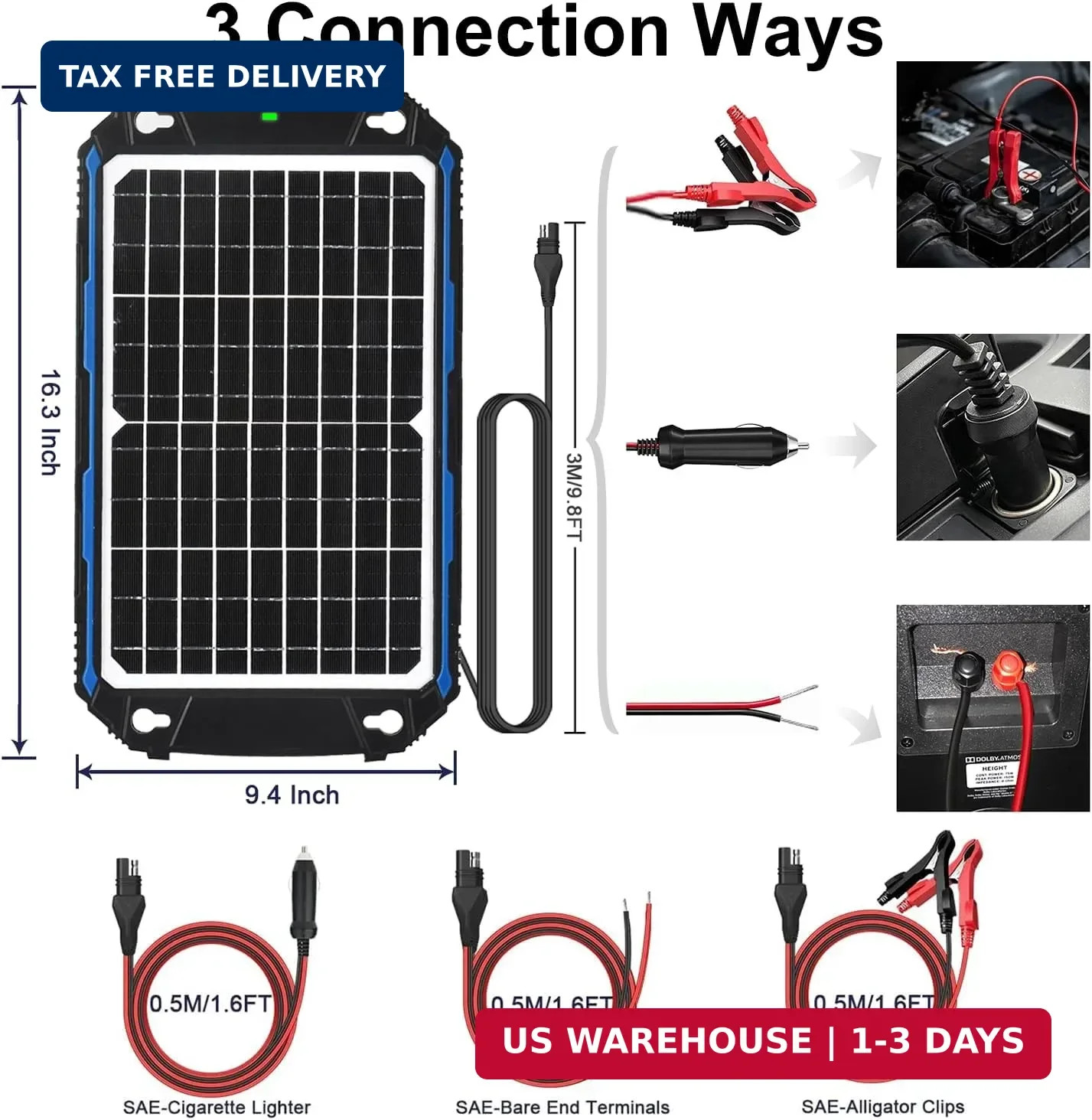 SUNER POWER Waterproof 12W 12V Solar Battery Charger & Maintainer Pro, Built-in