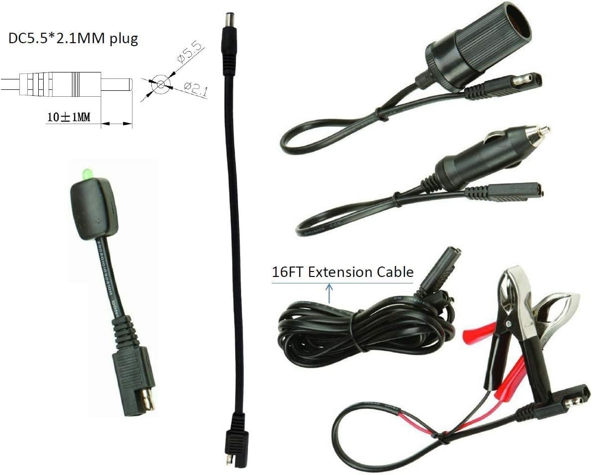 Sunway Solar 16FT Battery Charger Extension Cable Adapter 6 Connectors, black