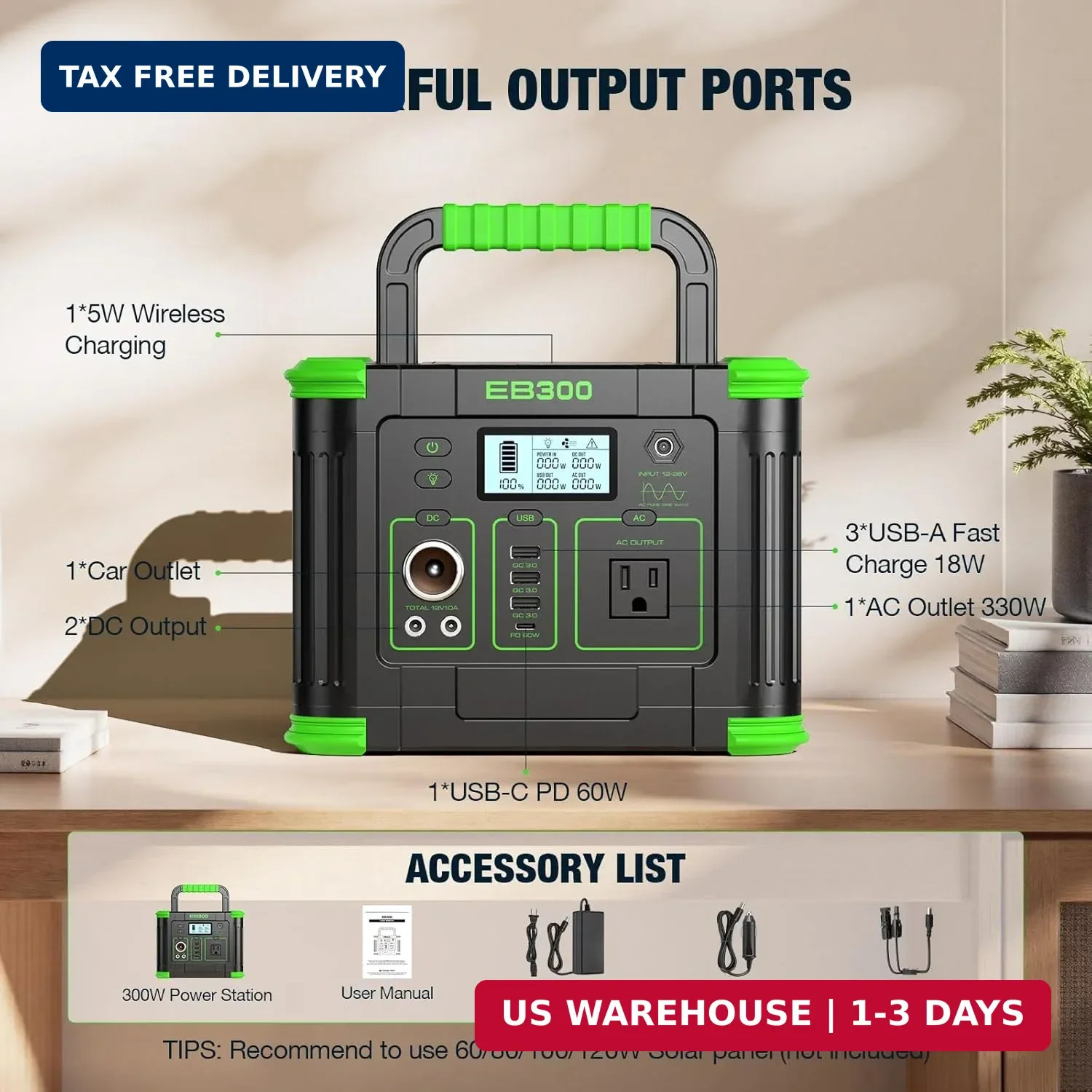 GRECELL Portable Power Station 300W, 288Wh Lithium Battery, 60W Fast Charging, U