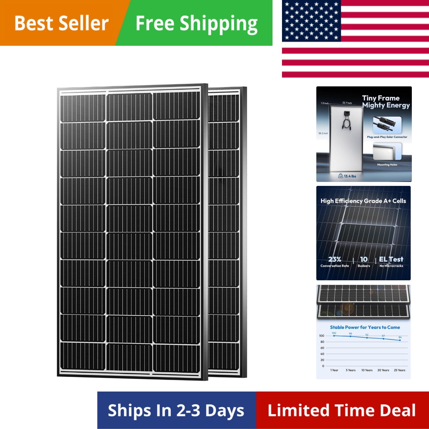 200 Watt Solar Panels, 12V 100W Solar Panel 2PCS,10BB Monocrystalline 23% Hig…