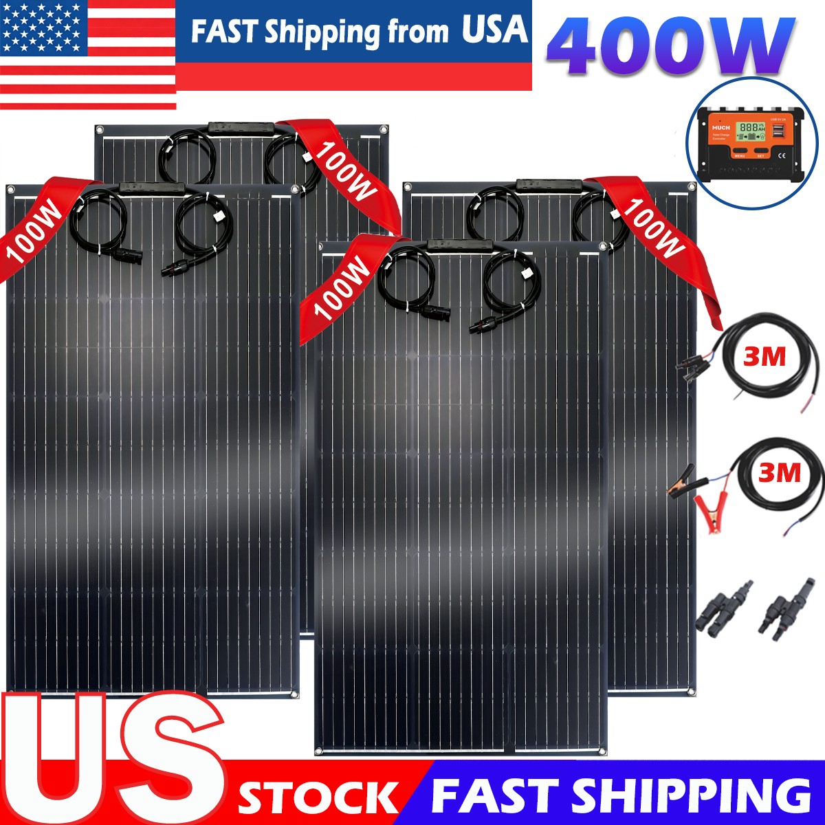 400W Monocrystalline Solar Panel Full Set for RV Home Boat Camping Off Grid New