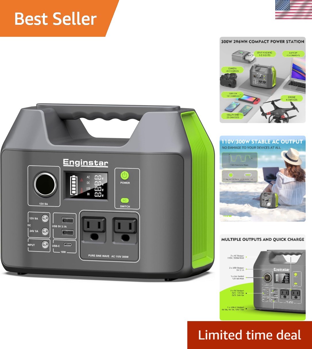 Solar Generator, 300W Portable Power Station, 296Wh Lithium Battery Backup w/…