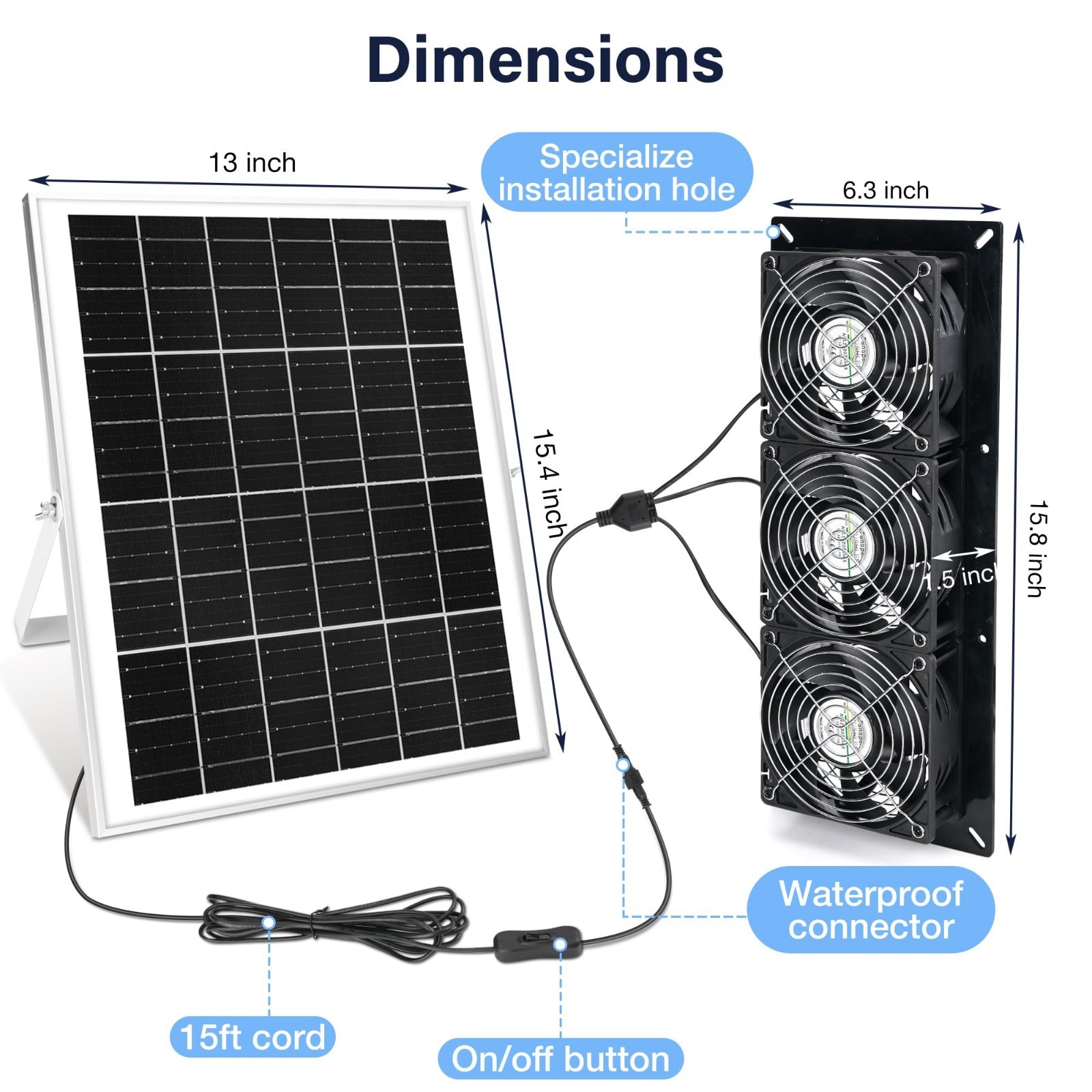 Solar Powered 3 Fan Kit – Waterproof Outdoor Fans for Chicken Coop, Greenhouse &