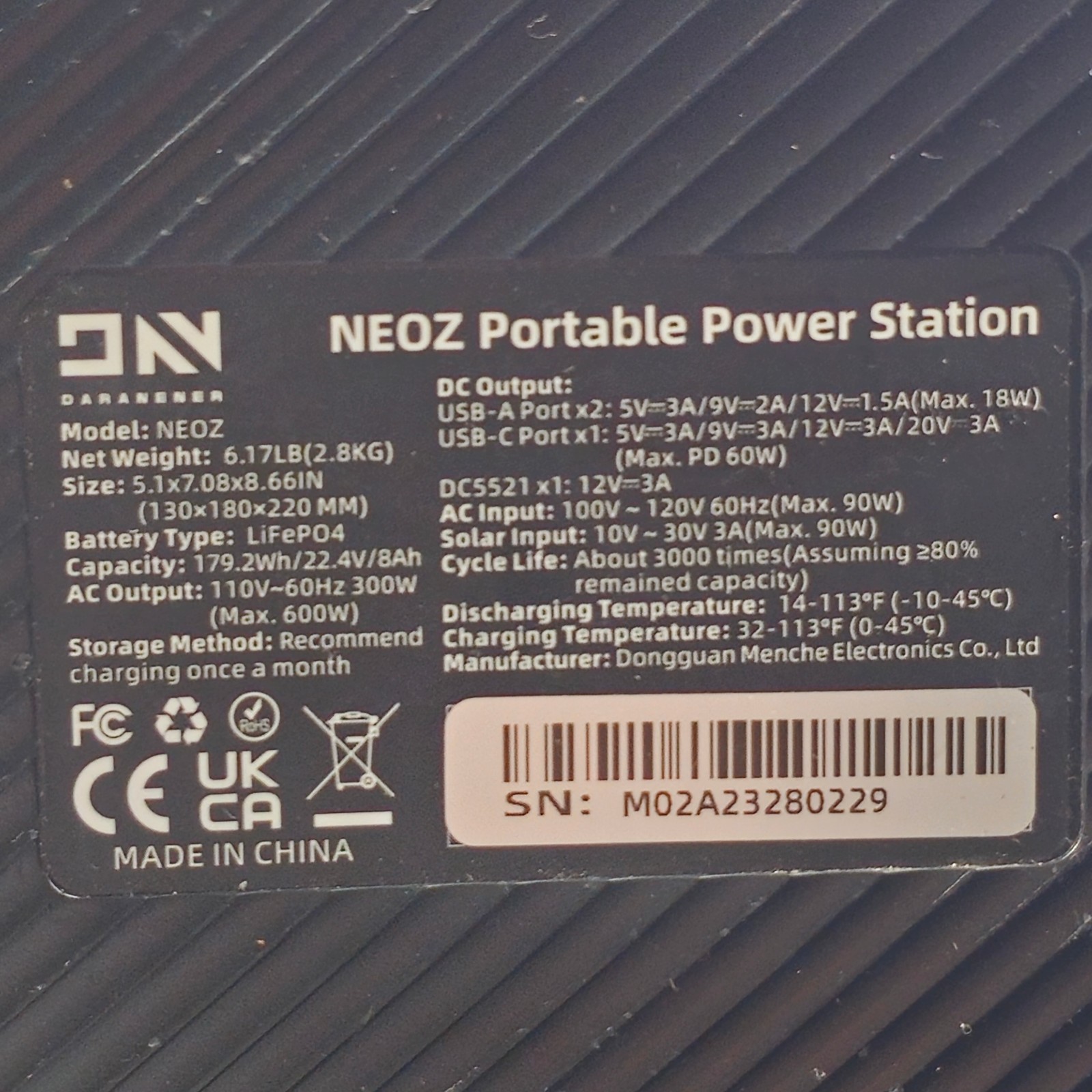 DARANENER NEOZ Power Station 179Wh LiFePO4 300W/600W Peak USB-C PD 60W